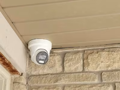 White security camera mounted under a soffit above a stone exterior wall.