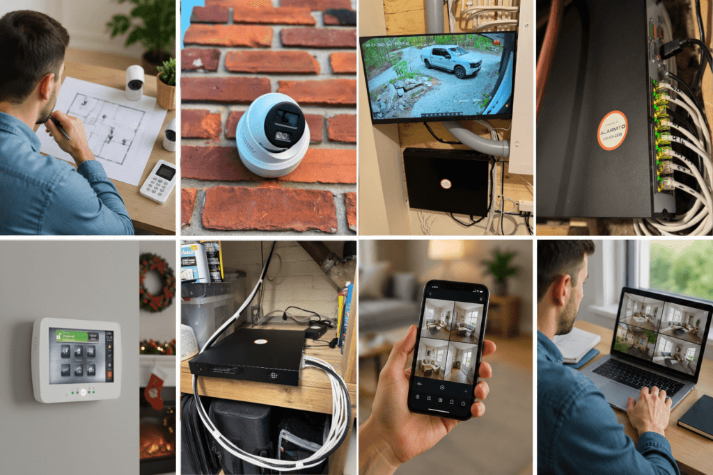 Complete home security system components including cameras and sensors