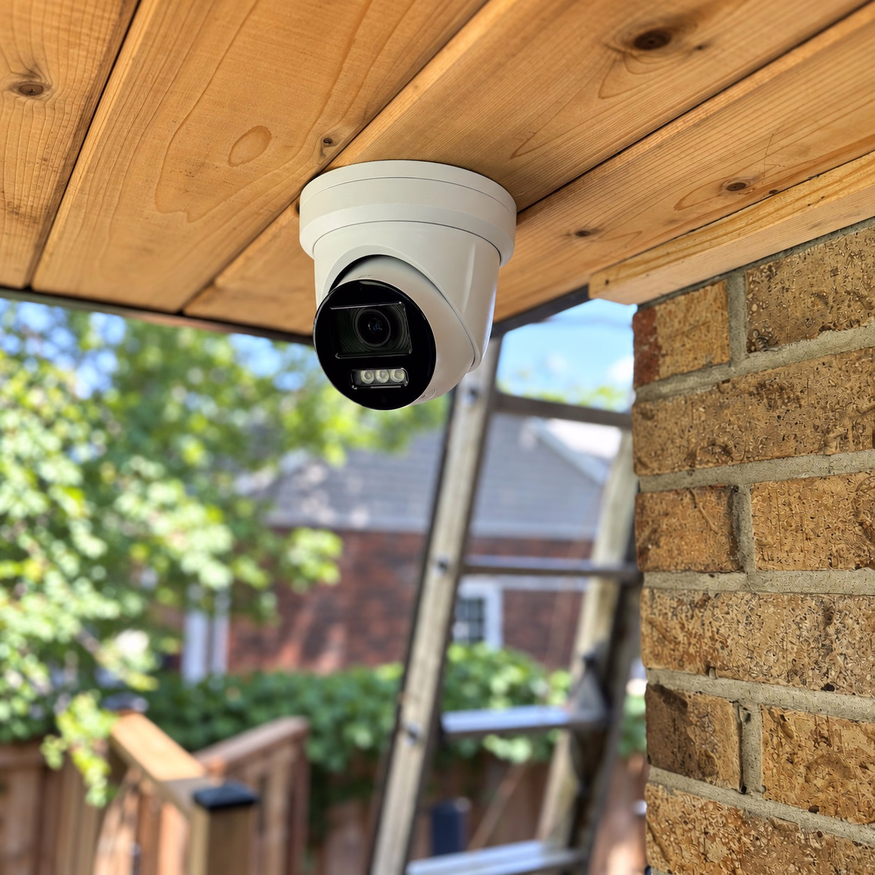 White security camera installed under a timber ceiling beside a brick wall