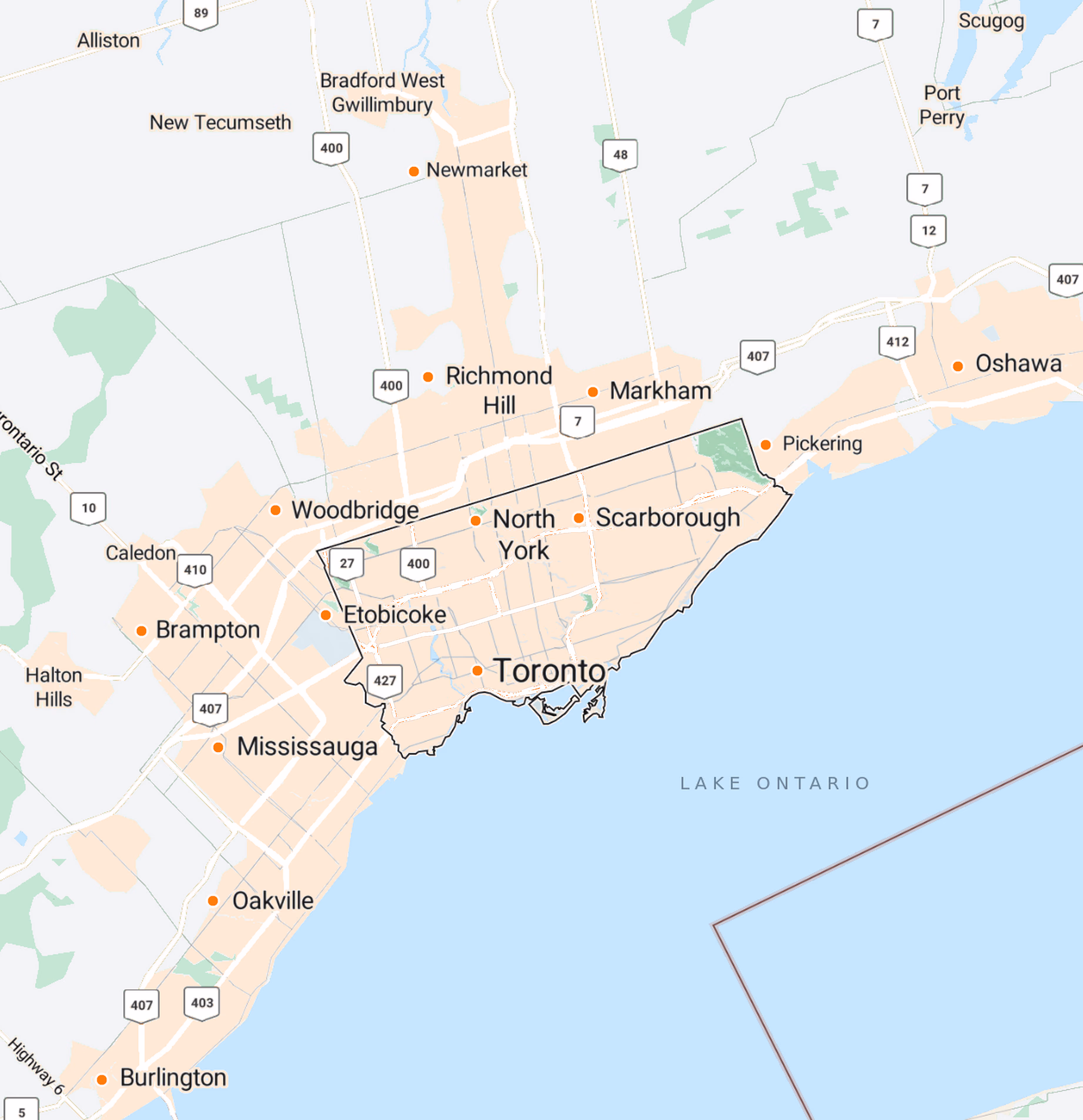 Map showing Alarmto service areas across Toronto and the Greater Toronto Area
