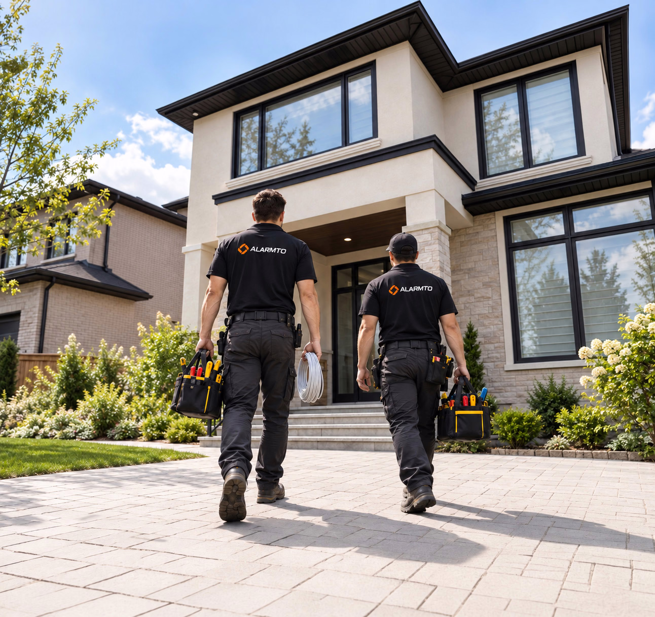 Two Alarmto technicians carrying tools and cabling toward a modern home