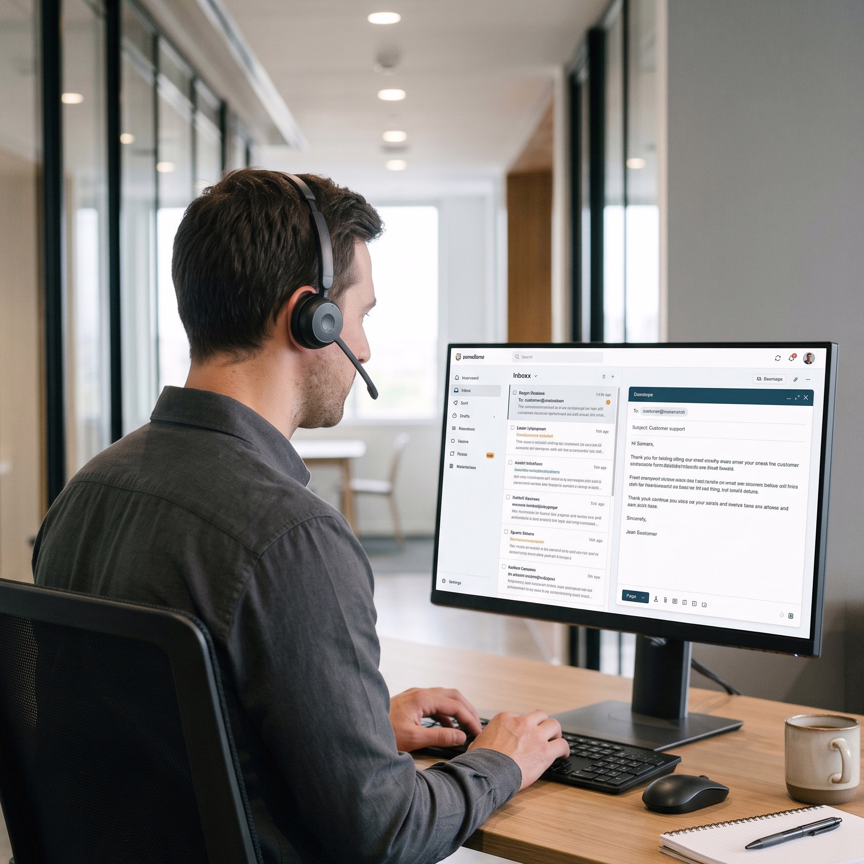 Consultant wearing a headset while working at a computer