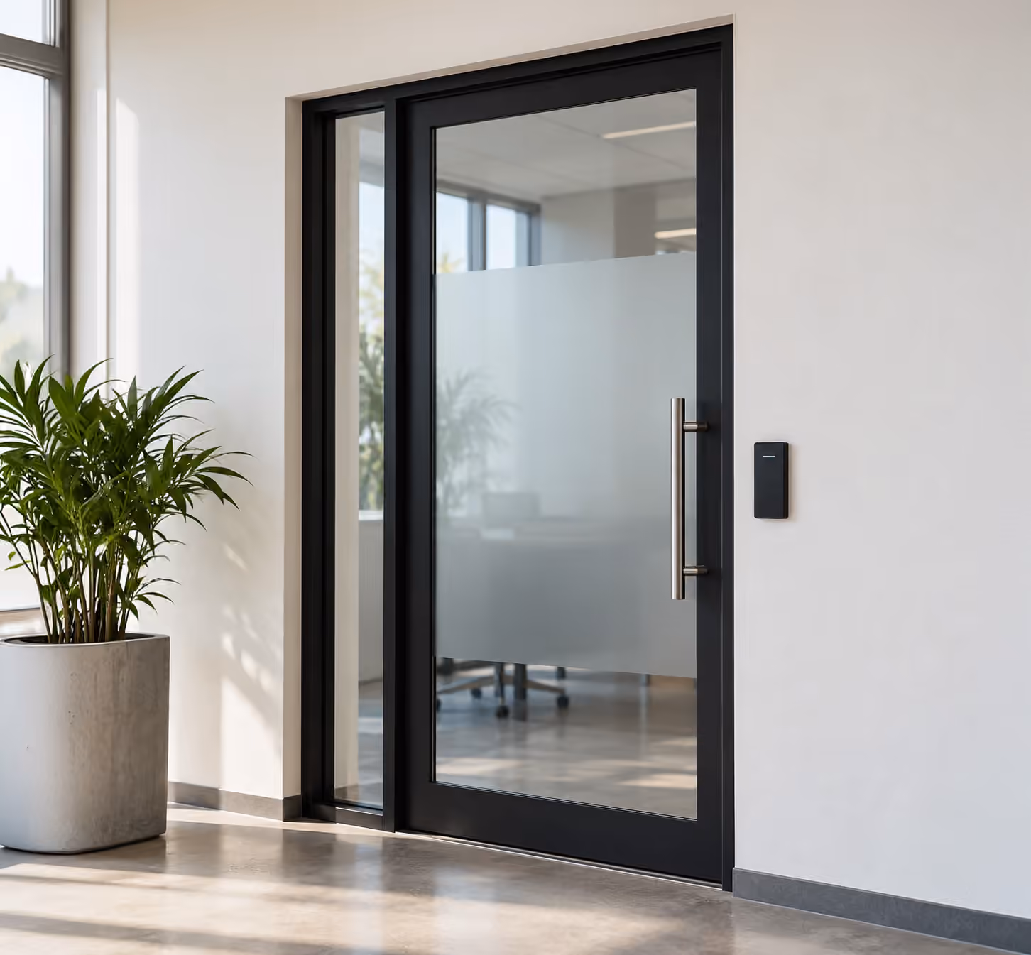 Office glass door with an access card reader beside the handle