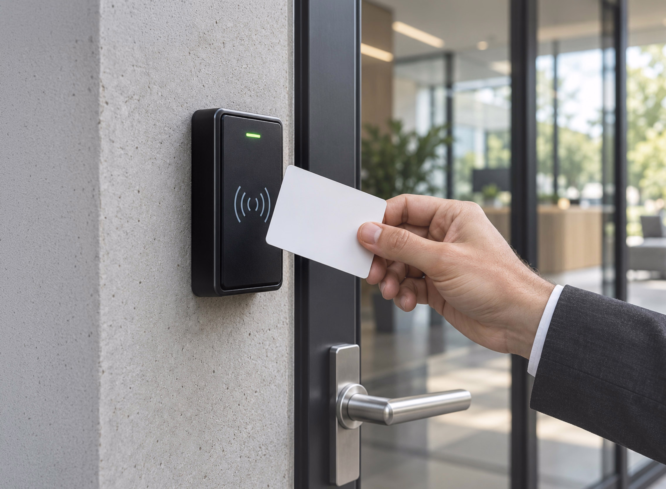 Keycard held to a commercial access control reader at an office entrance