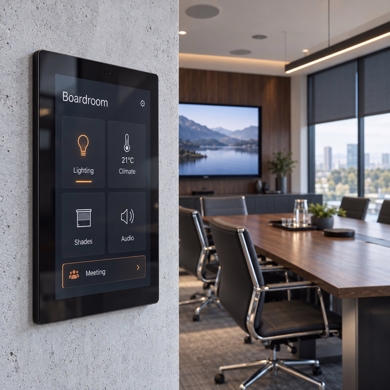 Integrated boardroom touchscreen for lighting, climate, shades, and audio
