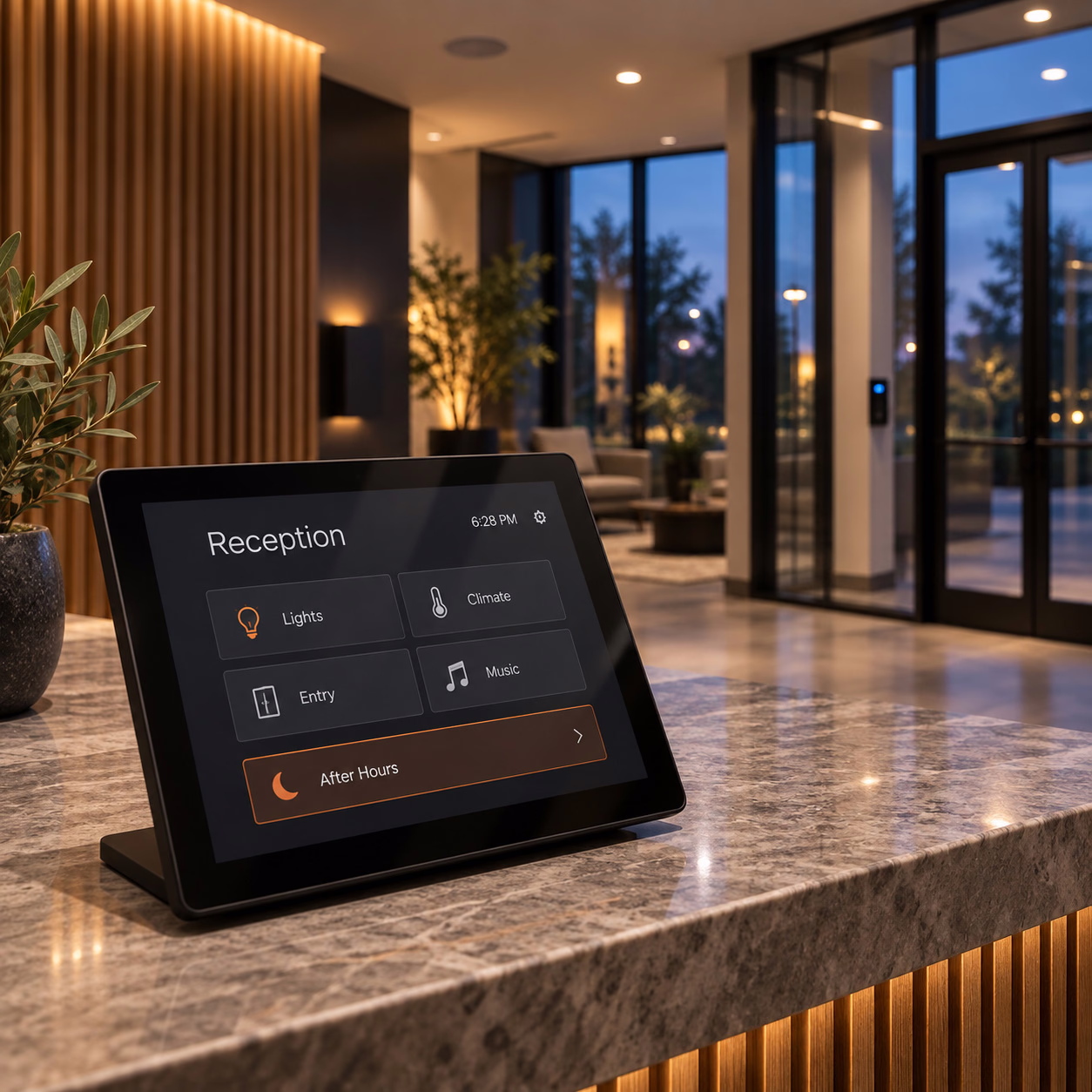 Reception touchscreen with after-hours lighting, climate, entry, and music controls