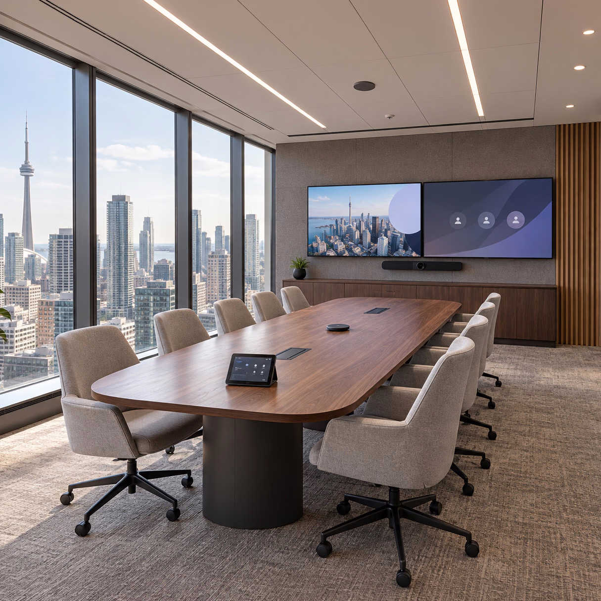 Toronto boardroom with dual displays, a video conferencing camera, and tabletop AV controls