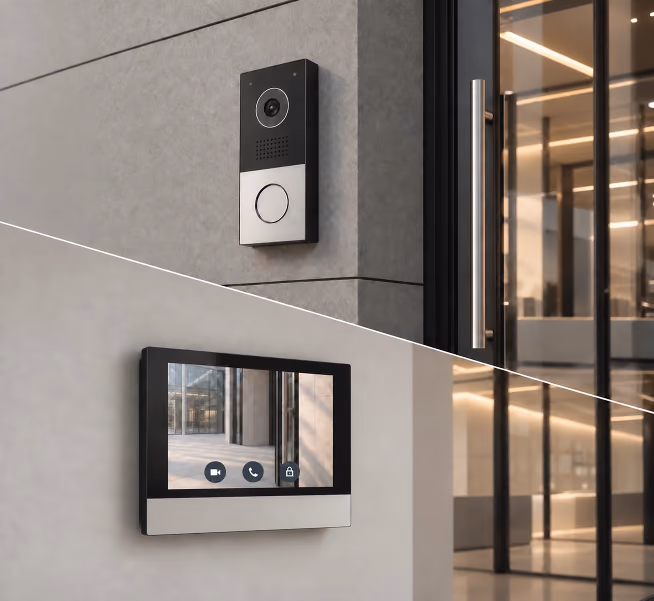 Commercial intercom system installed at a building entrance