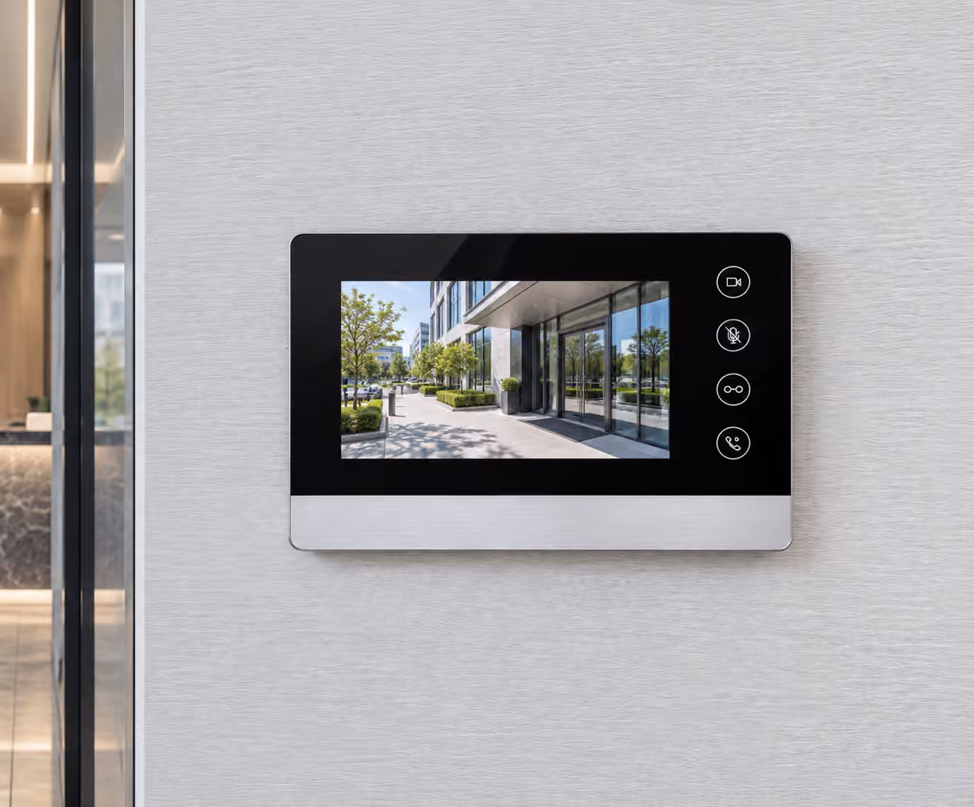 Commercial video intercom monitor showing a building entrance