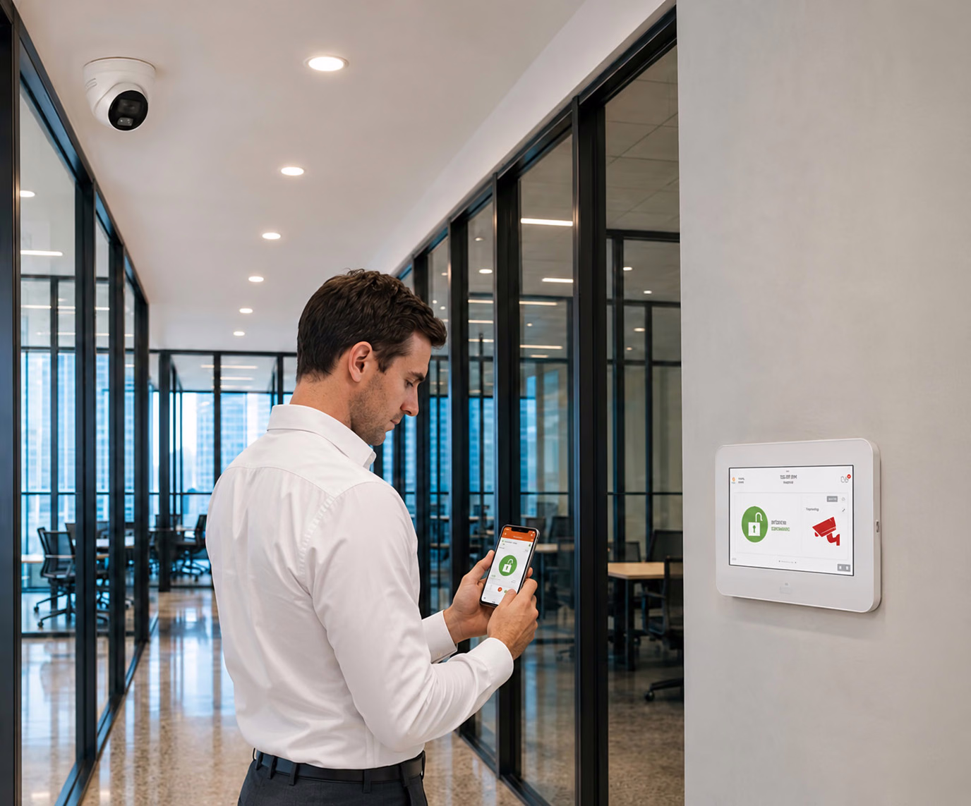 Man checking a security app in an office corridor beside a wall-mounted security panel