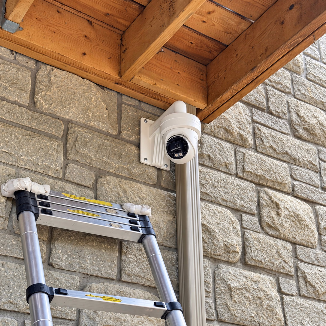 White security camera mounted beneath a wooden porch roof