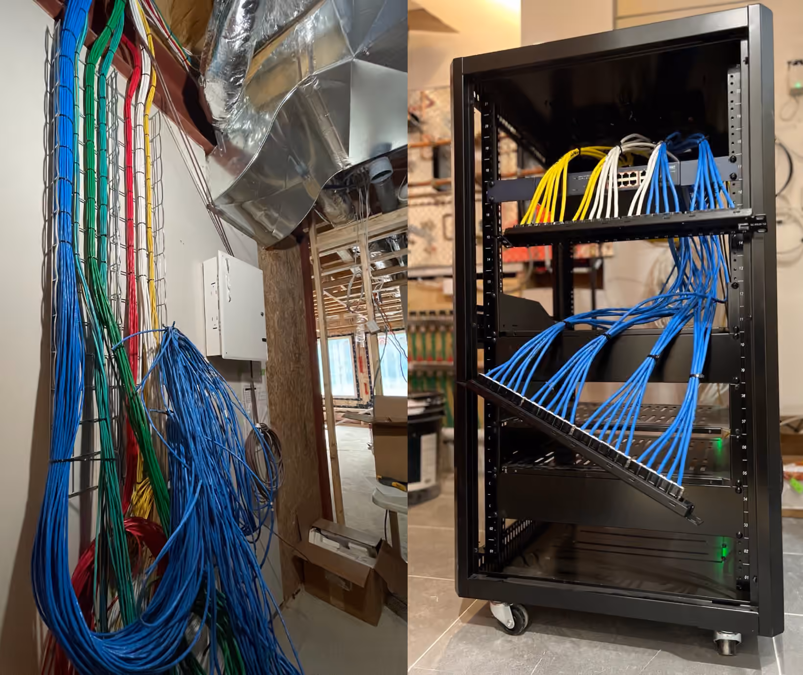 Network rack with patch panels and bundled blue cabling