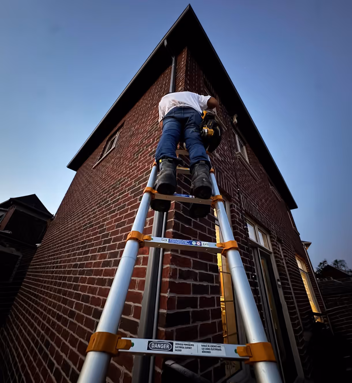 Technician working on a camera installation from a ladder beside a brick building