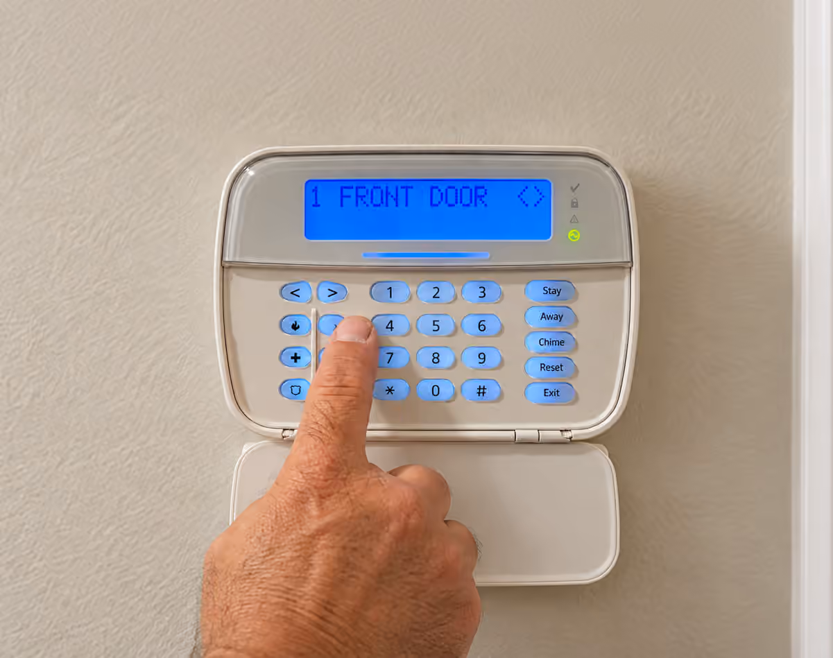 Hand using a home security alarm keypad