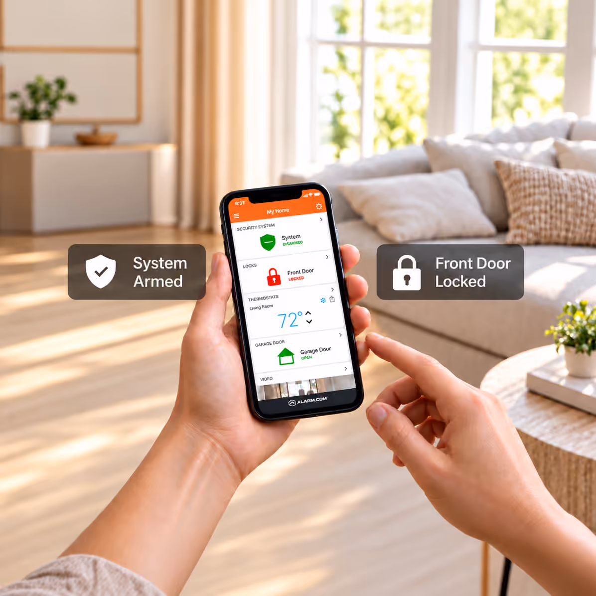 Alarm.com mobile app controlling a home alarm system