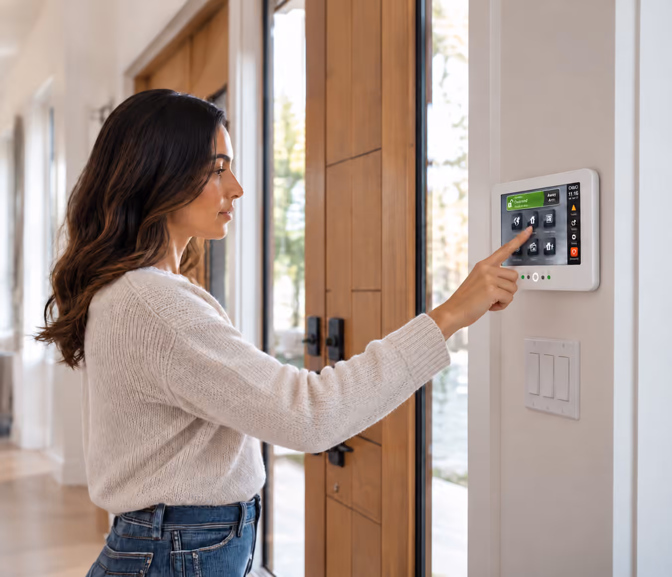 Woman using a home alarm panel