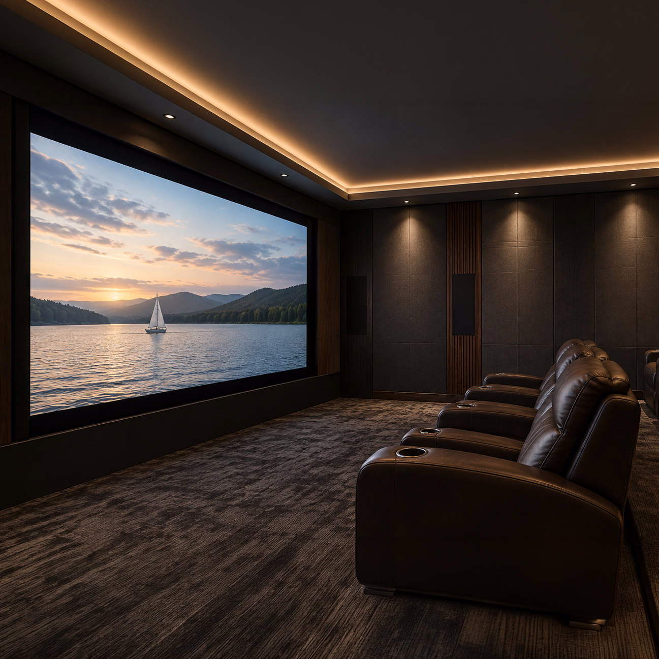 Charcoal home cinema with reclining seats and a large projection screen showing a lakeside sunset