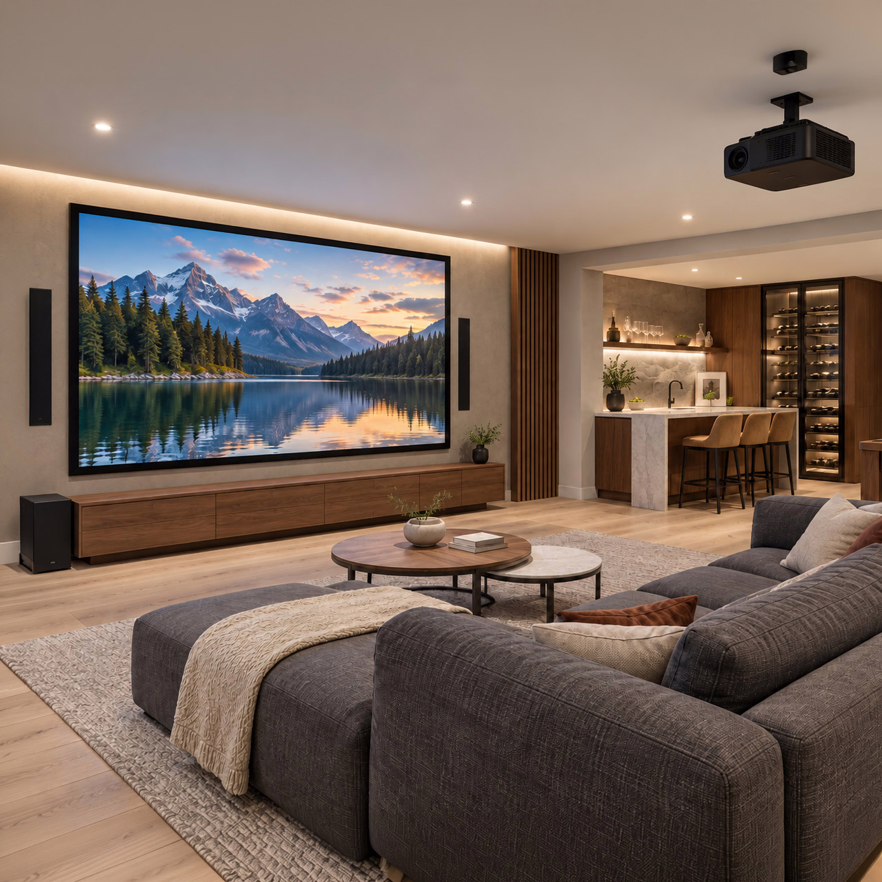 Home cinema with a ceiling-mounted projector, large screen, and integrated surround-sound speakers