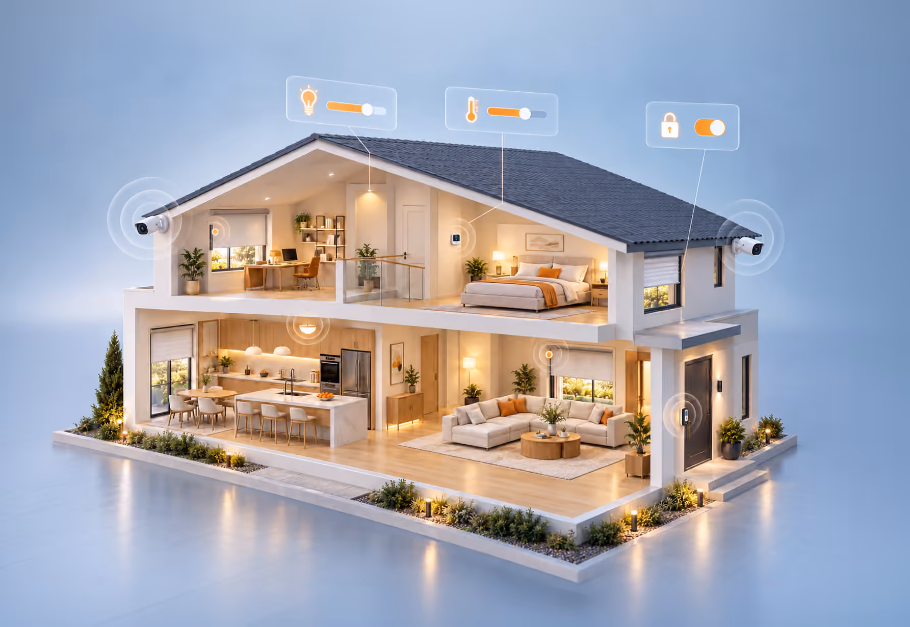 Illustration of a connected smart home with lighting, climate, security and cameras