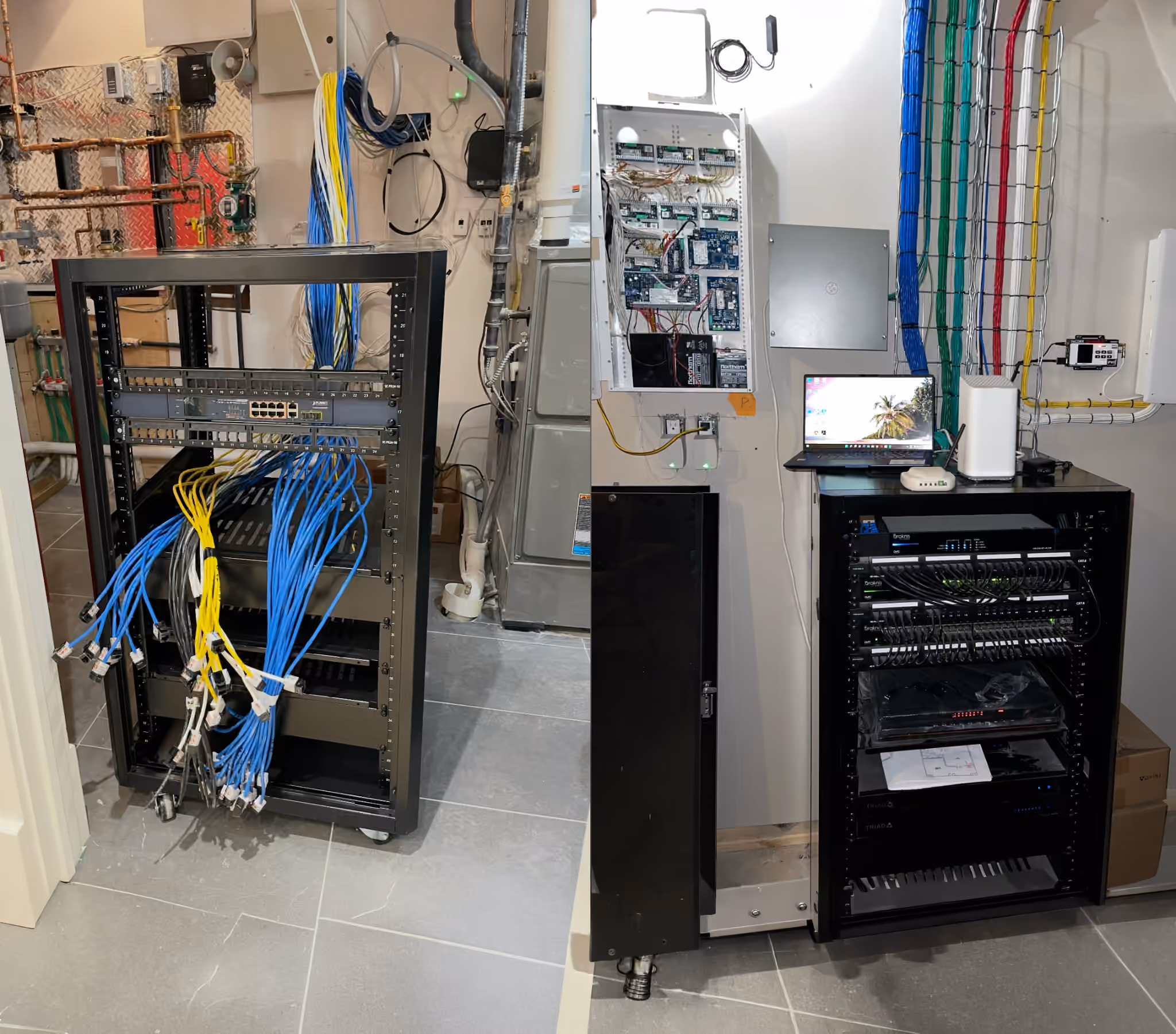 Residential network equipment racks and organized cabling at two stages of installation