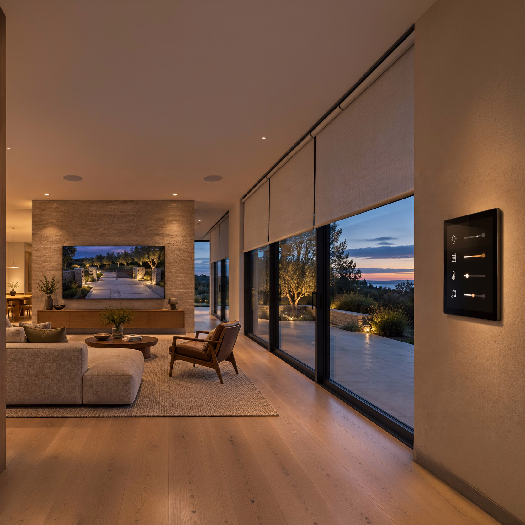 Smart living room at dusk with a TV, ceiling speakers, window shades, and a wall-mounted home control panel