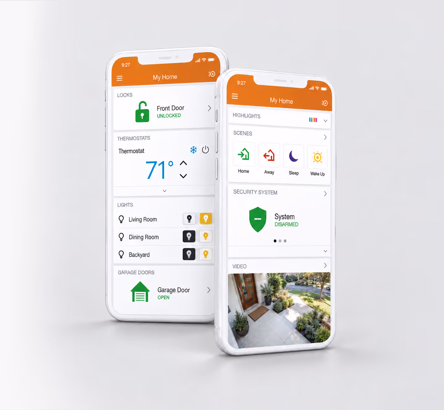 Alarm.com mobile app showing connected locks, lighting, thermostat and security