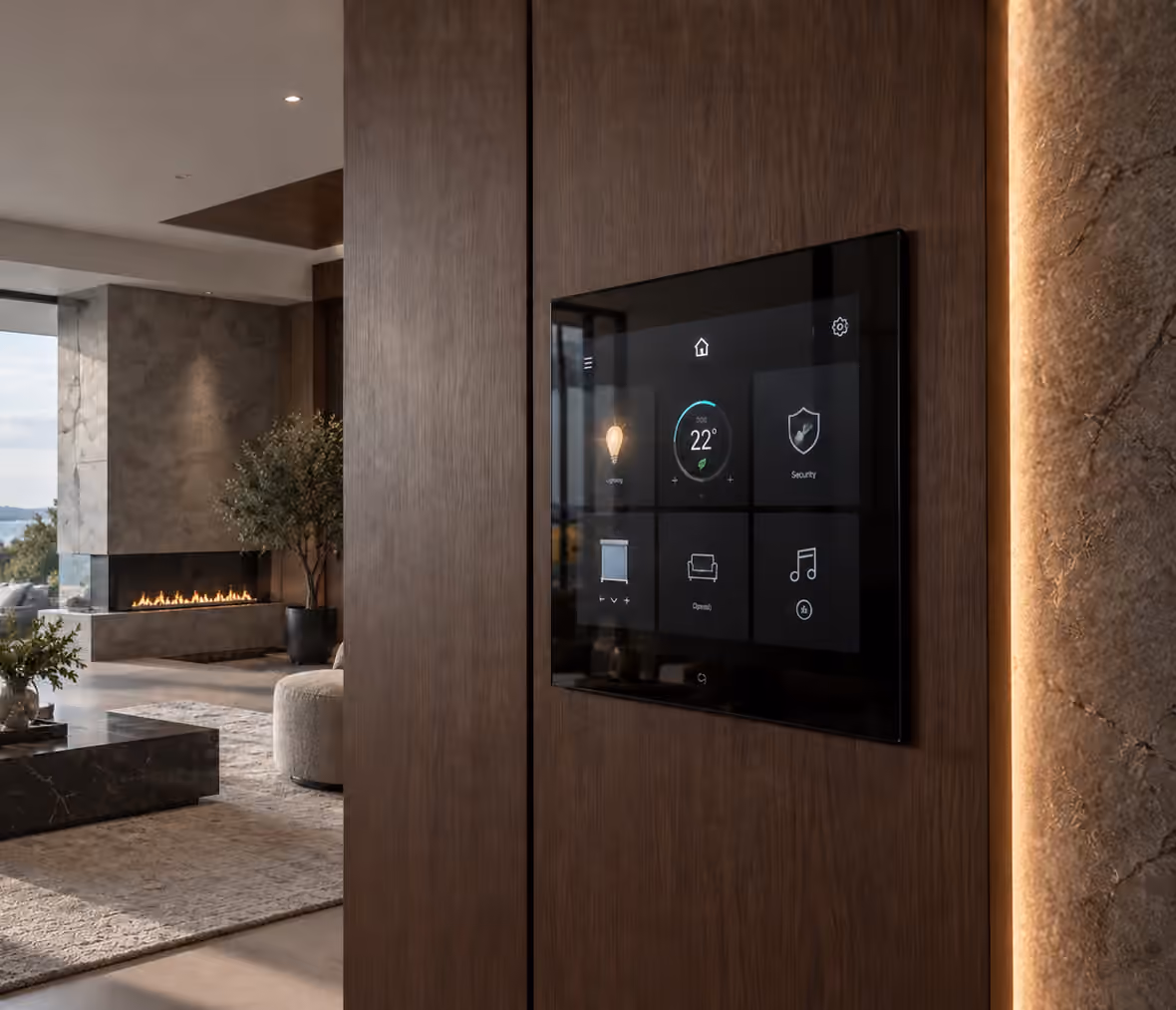 Wall-mounted smart home touchscreen controlling lights, climate, security, and entertainment
