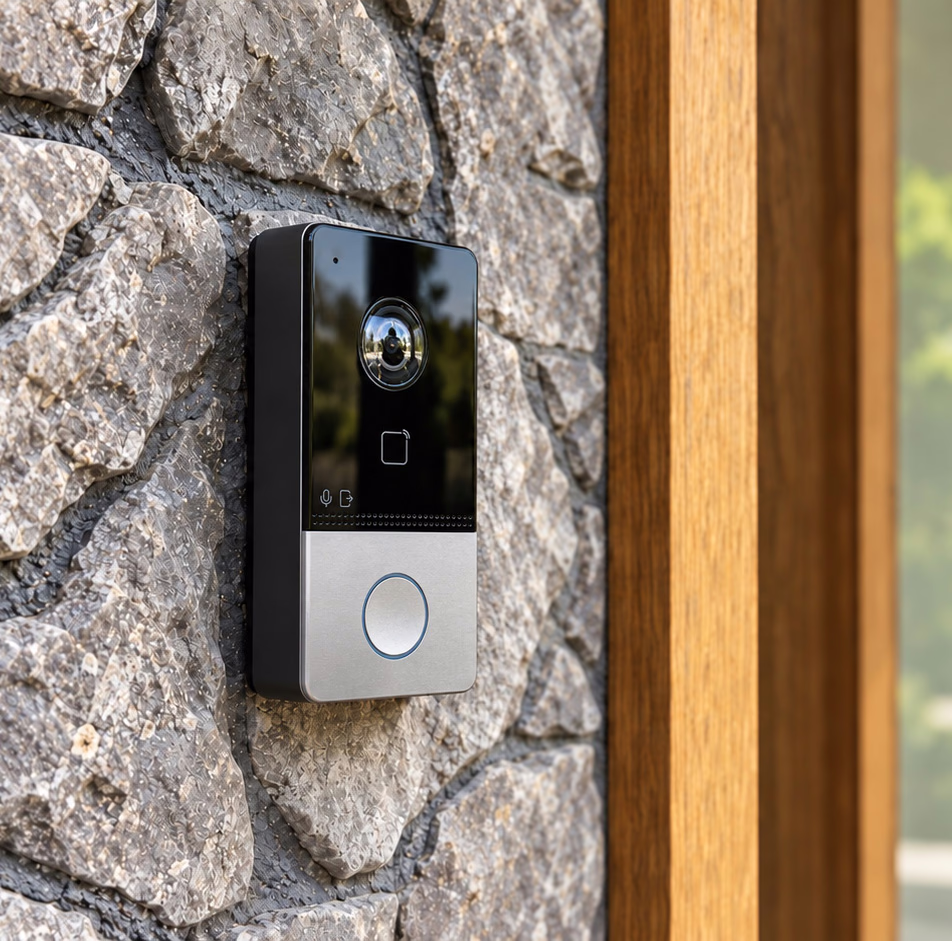 Black and silver video doorbell beside a wooden door on a stone wall
